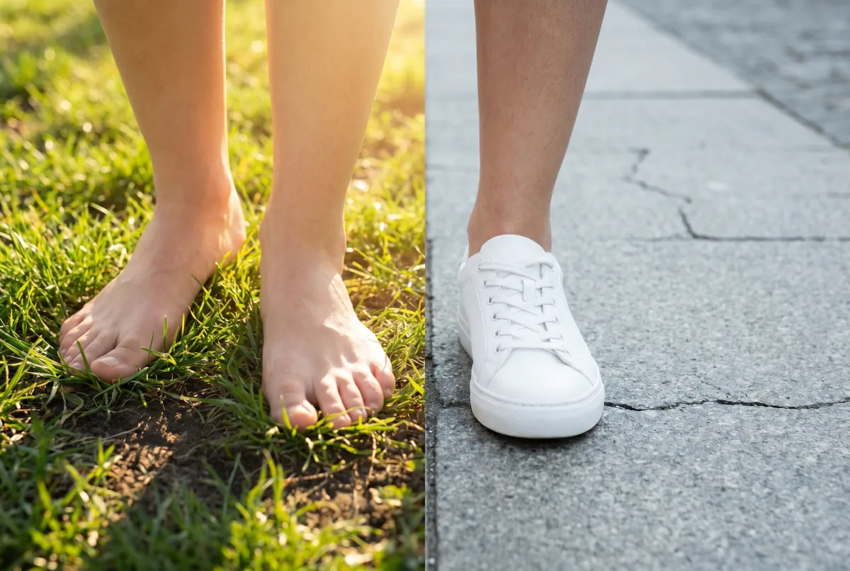 Bare feet on grass versus rubber-soled shoes on concrete