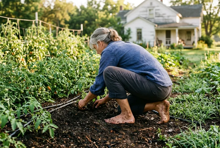 A woman gardening barefoot on dark soil at a family farm in morning light