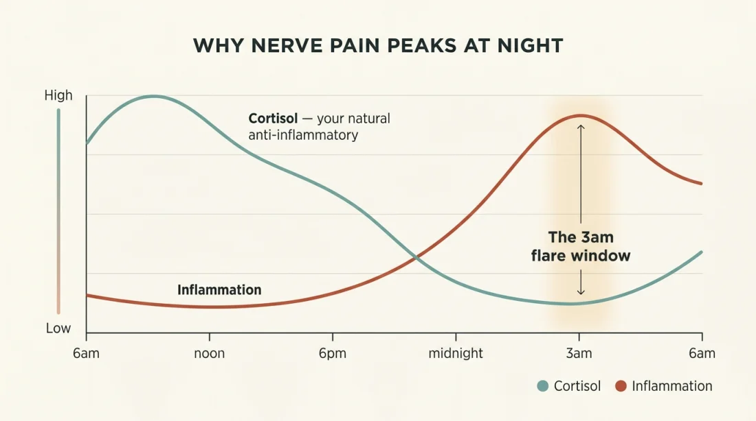 Chart showing cortisol declining overnight while inflammation rises, peaking around 3am