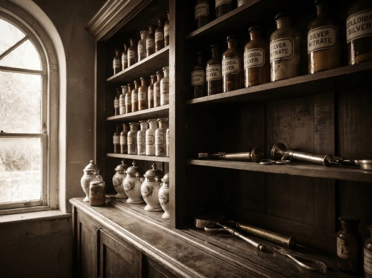 Shelves of old remedies and treatments